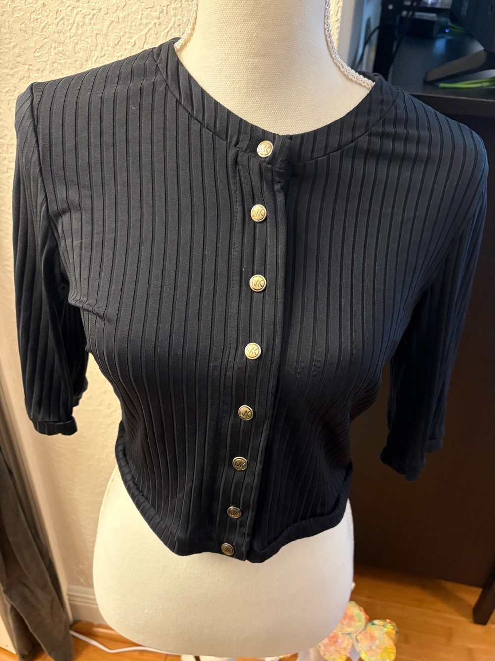 MICHAEL Michael Kors Black Ribbed Button-Front Top with Gold Buttons